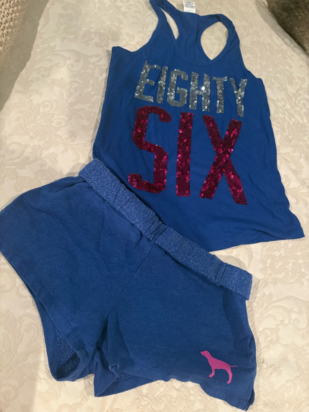PINK Victoria's Secret Royal Blue Sequin 'EIGHTY SIX' Shorts Set